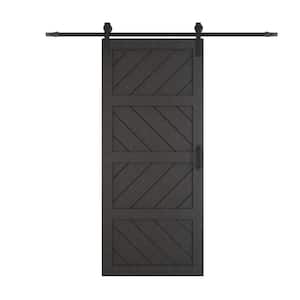 36 in. x 84 in. Black, MDF, 4 Panel Paneled Wood Wave Water-Proof PVC Surface Sliding Barn Door with Hardware Kit