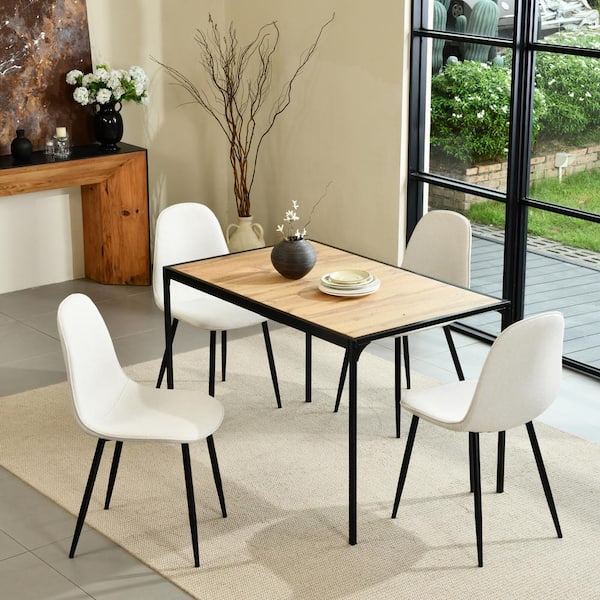 Homy Casa MIK 5-Piece Modern Industrial Dining Set-Rectangle Table with Oak Top and Ergonomic Beige Fabric Chairs