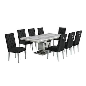 Ada 9-Piece White Marble Top With Stainless Steel Base Table Set With 8 Black Velvet Chairs With Tufted Buttons