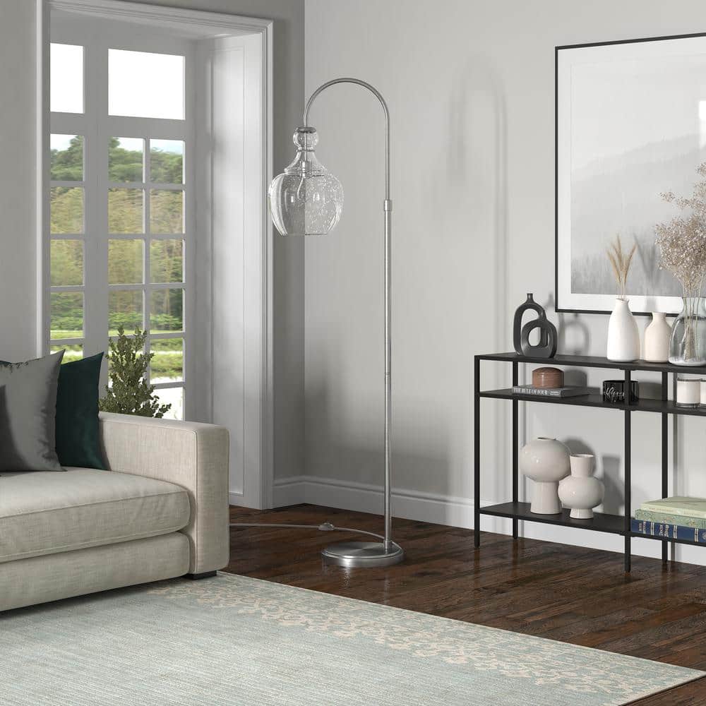 Brushed Nickel Arc Floor Lamp with Seeded Glass Shade