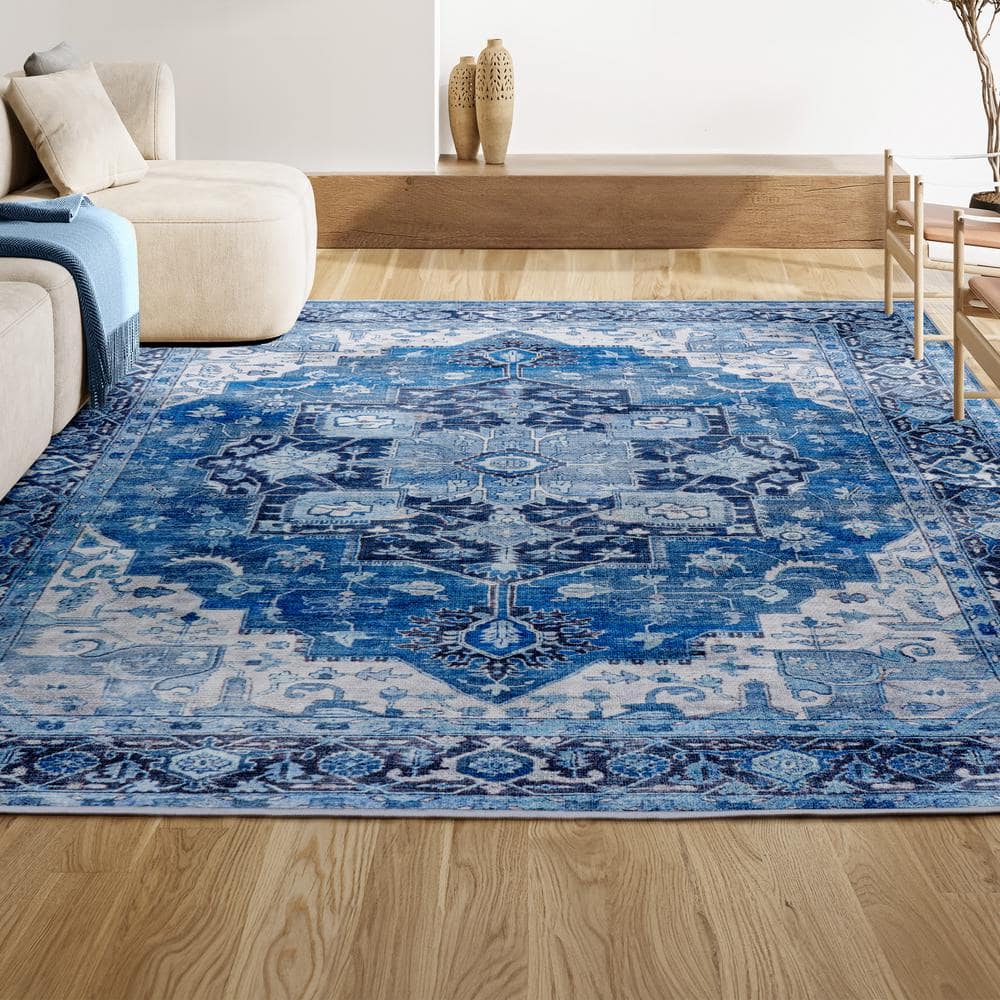 Blue and Navy Medallion Washable Synthetic 4' x 6' Area Rug