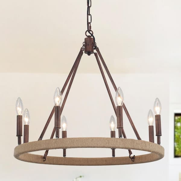 ZJVAIVE 8-Light Red Hemp Rope Candlestick Wagon Wheel Chandelier Hanging Linear Chandelier Lighting for Kitchen Island
