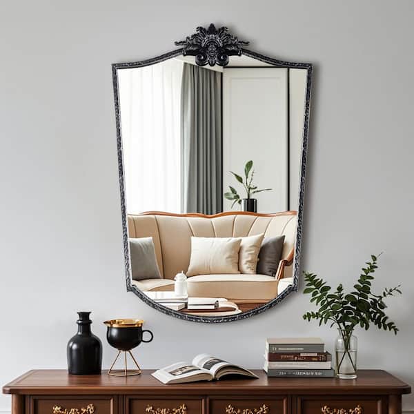 18 in. W x 24 in. H Arched Framed Floating Bathroom Vanity Mirror in Retro Black Carved Finshed