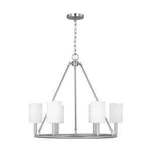 Egmont 6-Light Brushed Steel Large Chandelier with White Linen Fabric Shades