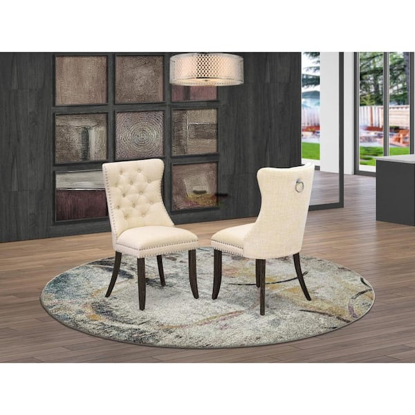 East West Furniture Distressed Jacobean, Parson Kitchen Chairs - Light Beige Linen Fabric Padded Dining Chairs, Set of 2