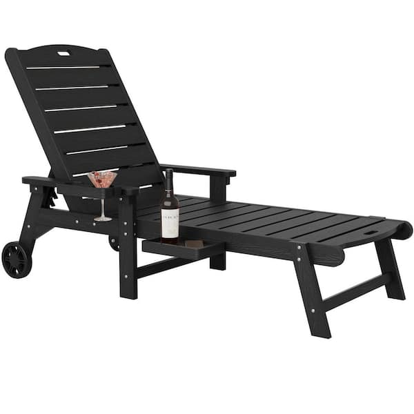 Black HIPS Plastic Outdoor Chaise Lounge Chair with Cup Holder and Wheels
