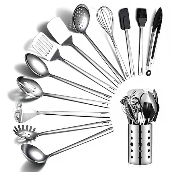 Silver Mirror Polish 13-Piece Kitchen Utensil Set, Stainless Steel Heat Resistant Cooking Tools with Storage Holder