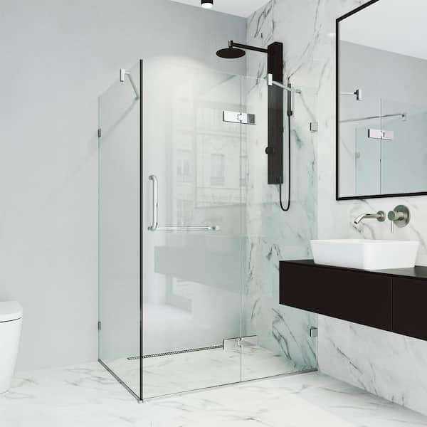 VIGO Monteray 34 in. L x 46 in. W x 73 in. H Frameless Pivot Rectangle Shower Enclosure in Chrome with 3/8 in. Clear Glass