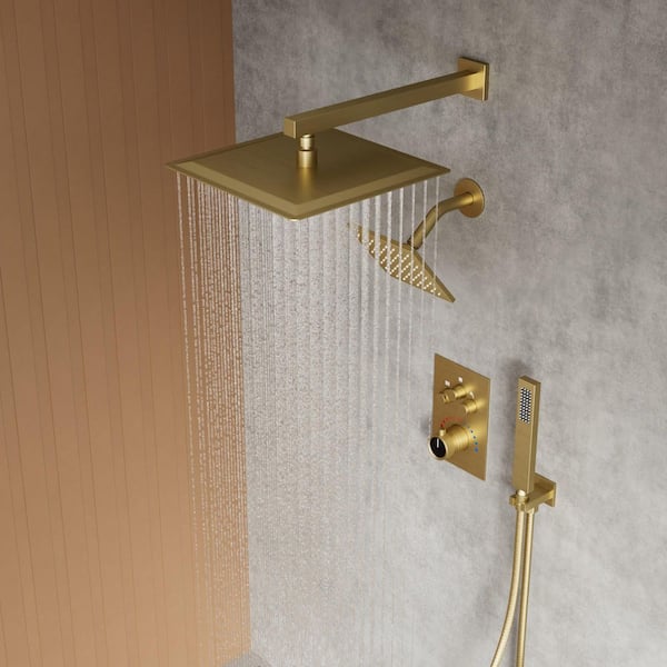 Thermostatic 7-Spray 12 in. and 6 in. Wall Mount Shower System with Hand Shower 2.5 GPM in Brushed Gold(Valve Included)