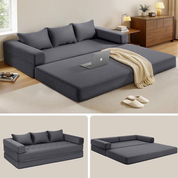 Convertible 78 in. Gray Corduroy King Size Sofa Bed with Pillows and Adjustable Backrest