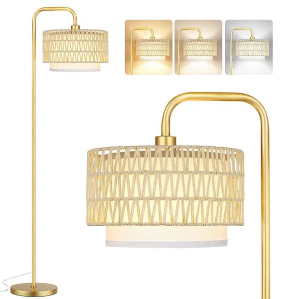 Rottogoon 68 in. Gold Paint Boho Standing Lamp 1-Bulb Remote 3-Color Temp Arc Floor Lamp for Bedroom w/ Beige Rattan Fabric Shade