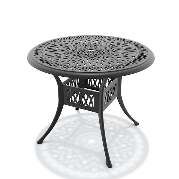 Black Round Cast Aluminum Outdoor Patio Dining Table with Umbrella Hole
