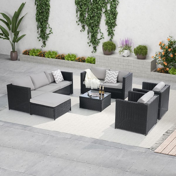Unbranded Gray 6-Piece Wicker Patio Conversation Set Furniture Sofa Set with Table and Light Gray Cushions