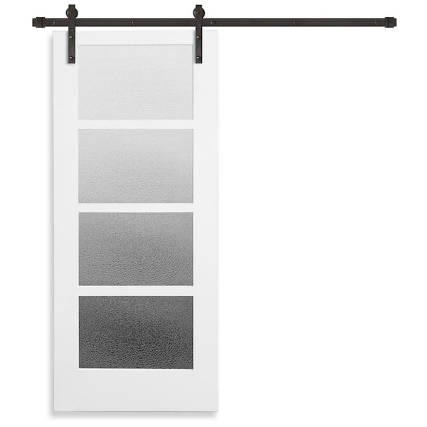 Pacific Entries Farmhouse Series 36 in. x 84 in. 4-Lite Mistlite Glass White Primed Wood Interior Sliding Barn Door with Bronze Hard