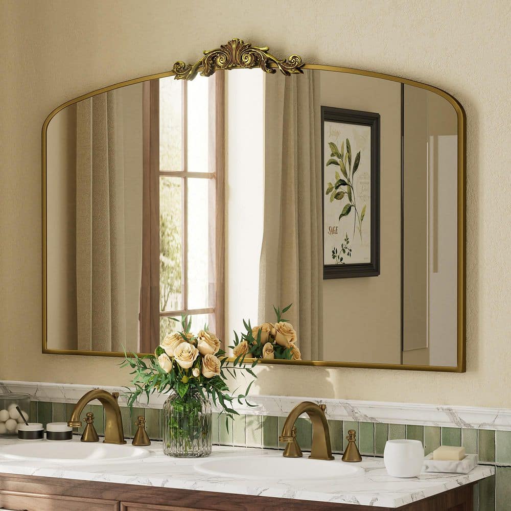 48 in. W x 32 in. H Arch Aluminum Alloy Framed French Cleat Mounted Baroque Wall Decor Bathroom Vanity Mirror in Gold price history on PriceWatchPro