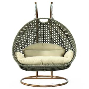 Beige Wicker Hanging 2-Person Egg Swing Chair Porch Swing With Taupe Cushions