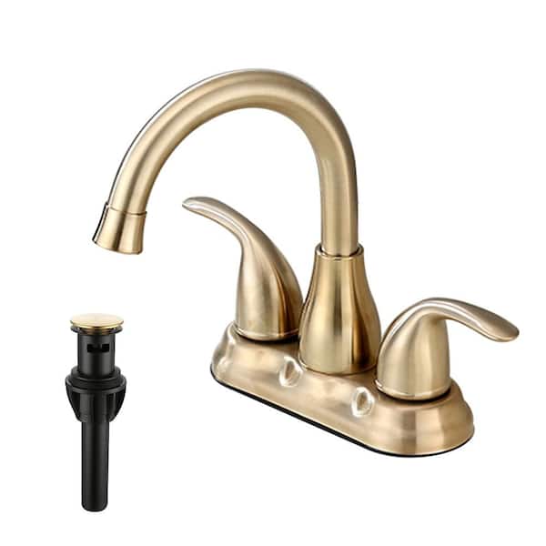 UPIKER Modern 4 in. Centerset Double Handle High Arc Bathroom Faucet with Push-Up Pop-Up drain in Brushed Gold