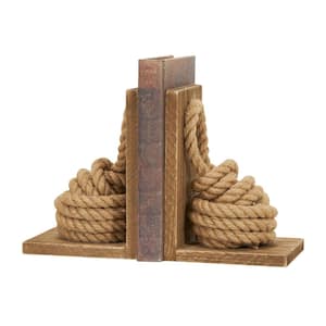 Brown Wood Rope Knot Bookends with Distressed L-Shaped Stands (Set of 2)