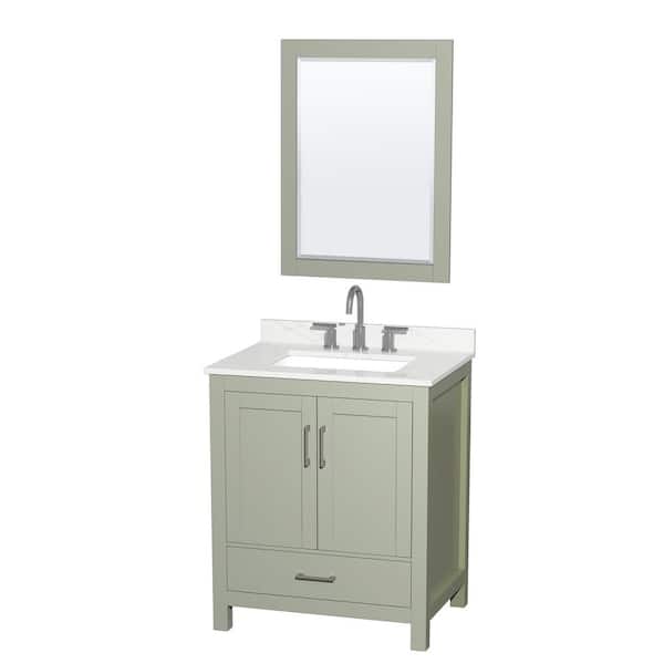 Wyndham Collection Sheffield 30 in. W x 22 in. D x 35 in. H Single Bath Vanity in Light Green with Giotto Quartz Top and 24 in. Mirror