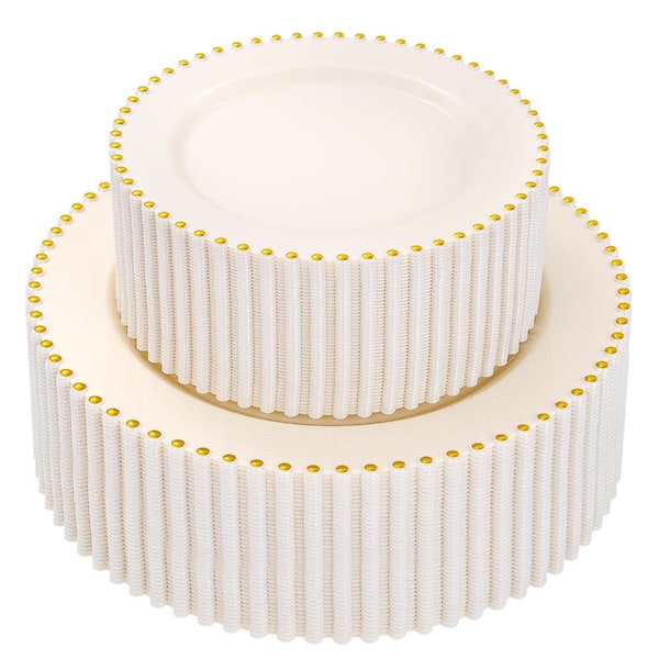 100-Piece Ivory and Gold Bead Disposable Plate Set with 50 Dinner Plates and 50 Dessert Plates