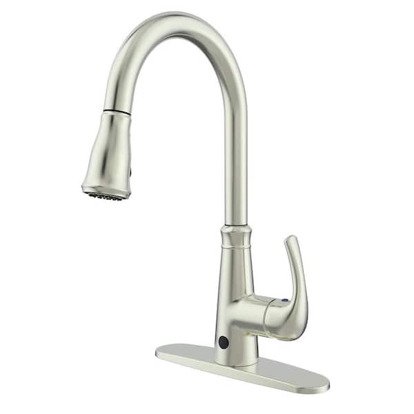 Runfine Single-Handle Pull-Down Sprayer Kitchen Faucet with Hands-Free Feature in Brushed Nickel