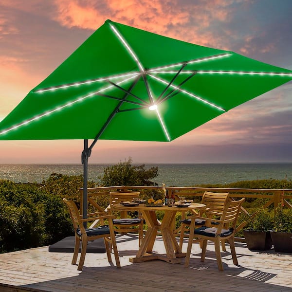 Sonkuki 11 ft. Round Solar LED Aluminum 360-Degree Rotation Cantilever Offset Outdoor Patio Umbrella with Base in Kelly Green