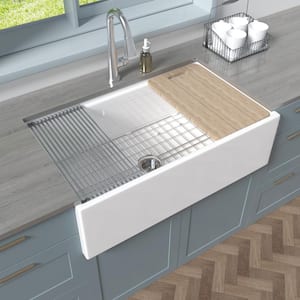 Workstation Kitchen Sink 33 in. Farmhouse Single Bowl White Fireclay Apron Front Sink With Strainer And Bottom Grid