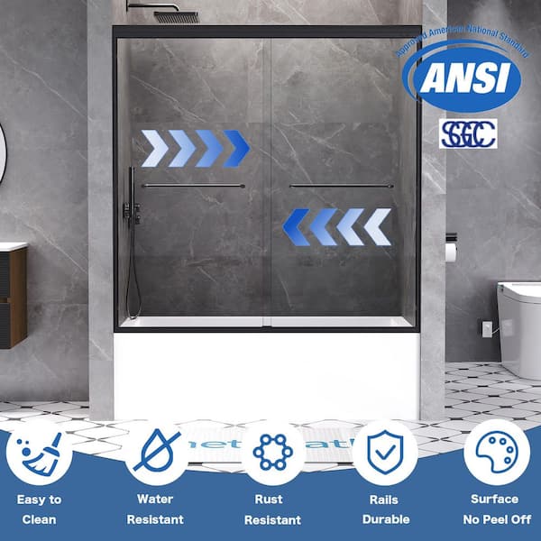 56 to 60 in. W x 60 in. H Semi Frameless Double Sliding Tub Door in Matte Black with 1/4 in. Tempered Clear Glass
