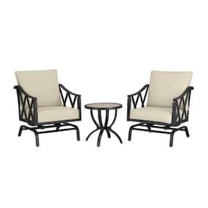 Harmony Hill 3-Piece Black Steel Outdoor Patio Motion Conversation Set with CushionGuard Putty Tan Cushions