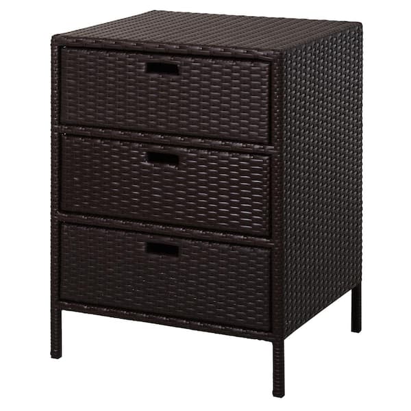 Brown Rattan Outdoor Cabinet, Freestanding 3 Drawers Storage Chest for Backyard, Poolside, Garden, Patio