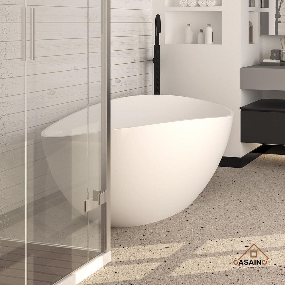 Matte White Solid Surface Freestanding Soaking Bathtub, 63-inch
