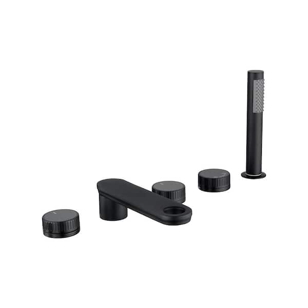 Modern 3-Handle Deck Mount Roman Tub Faucet with Hand Shower in Matte Black