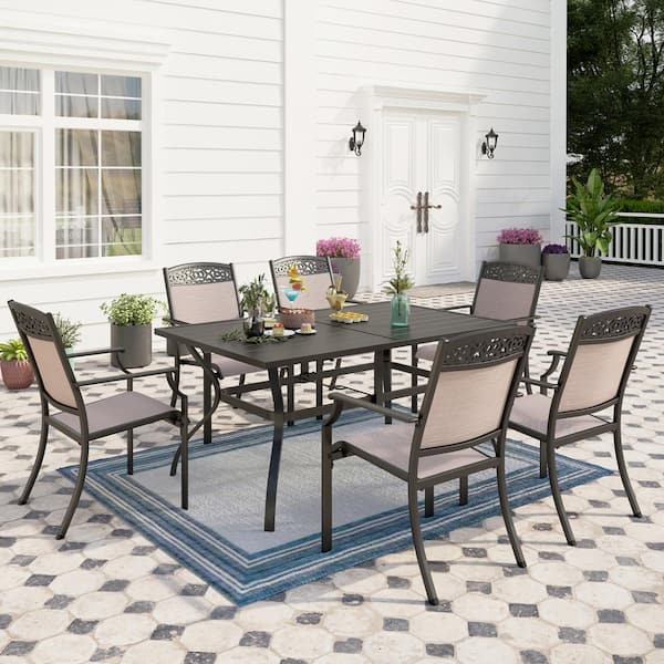 PHI VILLA 7-Pieces Metal Outdoor Patio Dining Set with 6 Textilene Dining Chairs and Rectangular Dining Table