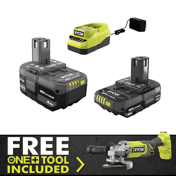 RYOBI ONE+ 18V Lithium-Ion 4.0 Ah Battery, 2.0 Ah Battery, and Charger Kit with FREE ONE+ Cordless 4-1/2 in. Angle Grinder