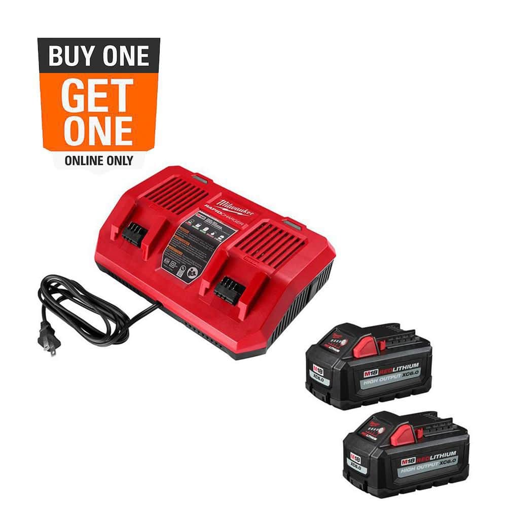 Milwaukee M18 18-Volt Lithium-Ion Dual Bay Rapid Battery Charger with 6.0Ah Battery Pack (2-Pack) 48-59-1802-48-11-1862