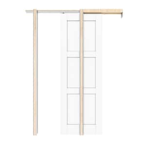 28 in. x 80 in. White Primed 3 Lite MDF Door with Solid Core Pine Wood Pocket Door Frame with Hardware and Soft Close