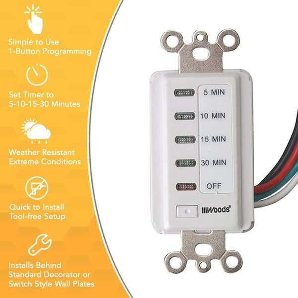 30-M White Woods 59007 Decora Style 30-15-10-5 Minute Preset Wall Switch Timer 