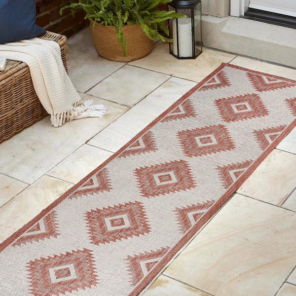 Lior Geometric Salmon/Cream 2 ft. x 8 ft. Moroccan Diamond Indoor/Outdoor Runner Rug