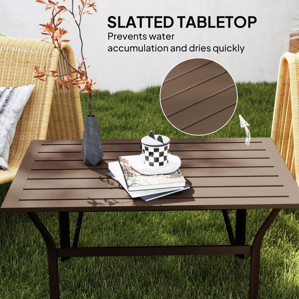 Brown Metal All-Weather Outdoor Coffee Table with Slatted Top