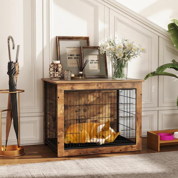 Gymax Brown Wood Dog Crate Furniture for Small/Medium Dogs 33 in