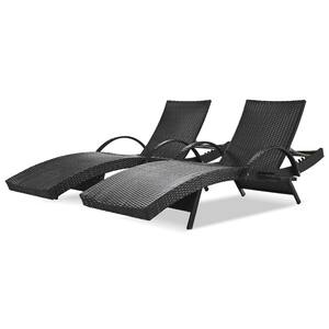 Black 2-Piece Wicker Adjustable Outdoor Chaise Lounge Patio Lounge Chairs Pool Recliners with Pull-out Side Table