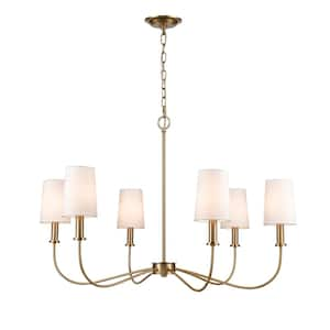 Wilmac 36 in. Wide 6-Light Antique Brass Chandelier with Fabric Shade