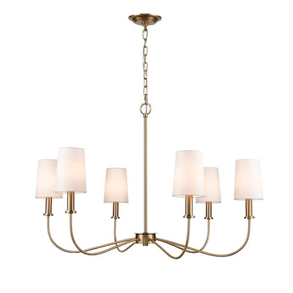 Titan Lighting Wilmac 36 in. Wide 6-Light Antique Brass Chandelier with Fabric Shade