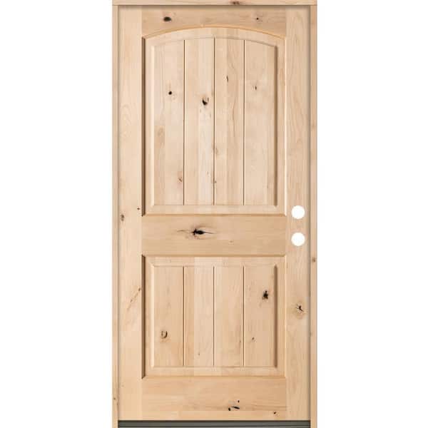 Krosswood Doors 30 in. x 80 in. Rustic Knotty Alder Top Arch V-Grooved Left-Hand Inswing Unfinished Exterior Wood Prehung Front Door