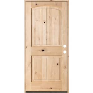 36 in. x 80 in. Rustic Top Rail Arch 2 Panel Left-Hand Inswing Unfinished Knotty Alder V-Grooved Wood Prehung Front Door