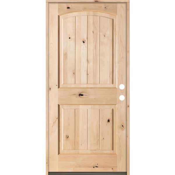 Krosswood Doors 36 in. x 80 in. Rustic Top Rail Arch 2 Panel Left-Hand Inswing Unfinished Knotty Alder V-Grooved Wood Prehung Front Door