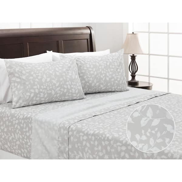 CHANASYA 4-Piece Small Leaves Gray Pattern Print Microfiber Bedsheets Set, King