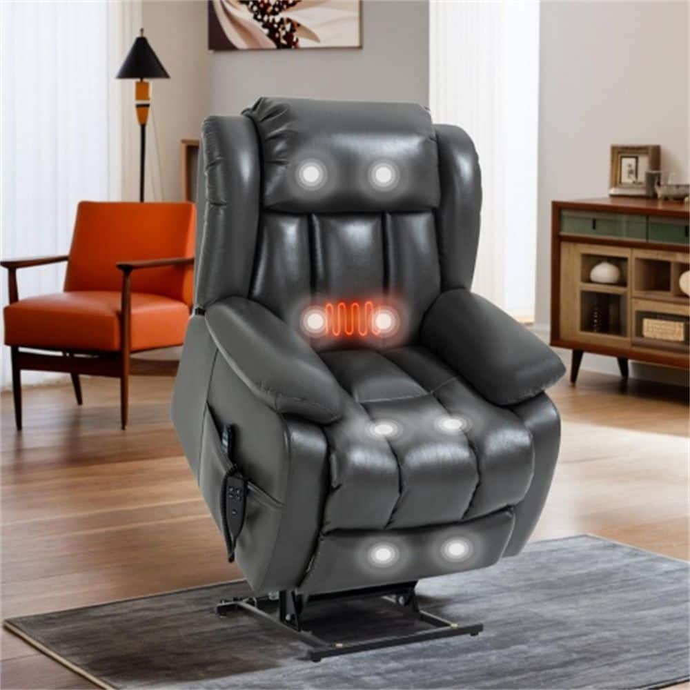 Grey Genuine Leather Power Lift Recliner Chair Dual Motor Recliner with 8-Point Vibration Massage, Lumbar Heating - Thumbnail 5