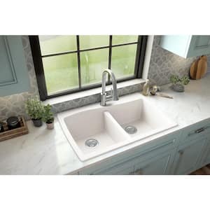 Drop-In Quartz Composite 34 in. 1-Hole 50/50 Double Bowl Kitchen Sink in White
