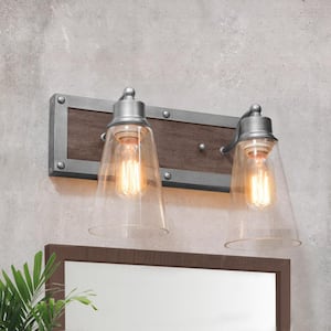 Rustic Bathroom Brown Solid Wood Vanity Light, 2-Light Modern Industrial Steel Wall Sconce with Bell Clear Glass Shades